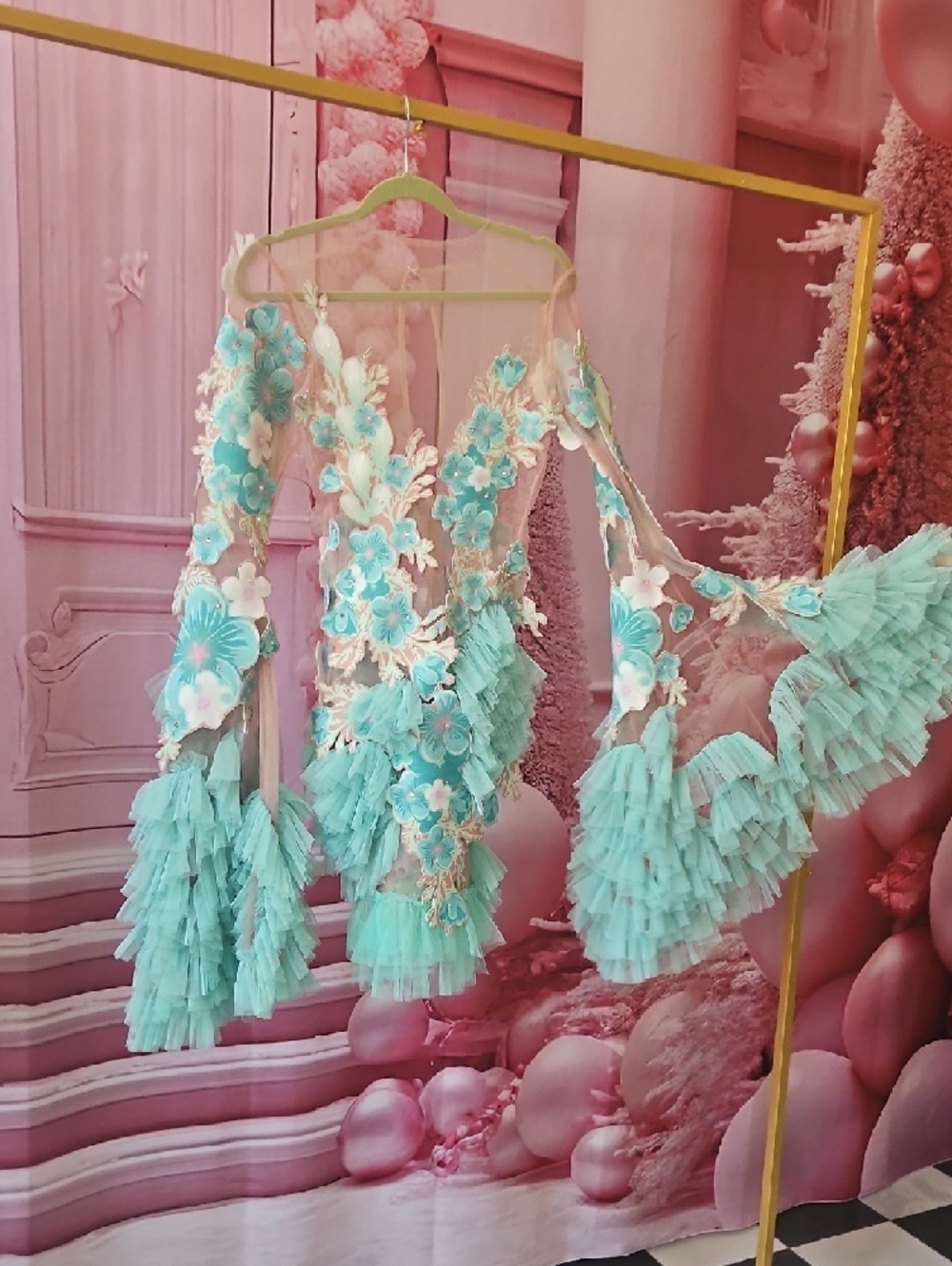 Aqua Floral Ruffle Dance Dress with 3D Appliqués - Picture 5 of 10